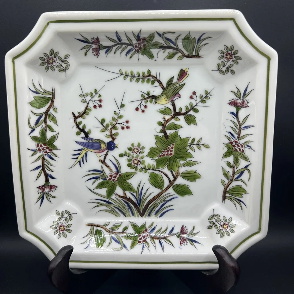 Pair Vintage Sanford Japan Porcelain Square Plates 1666 Birds Flowers Dish